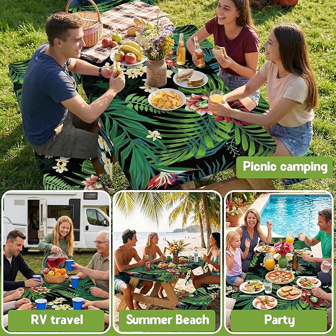 Picnic Table Cover with Bench Covers Waterproof Elastic Rectangle Tablecloth Camping Essentials Supplies Rv Car Travel Gear Must Haves Accessories Fitted Table Cloth Outdoor Road Trip Camper Gifts 6ft