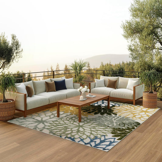 Nourison Home Aloha Indoor/Outdoor Green Multicolor 12' x 15' Area Rug, Easy Cleaning, Non-Shedding, Bed Room, Living Room, Dining Room, Backyard, Patio, Deck (12x15)