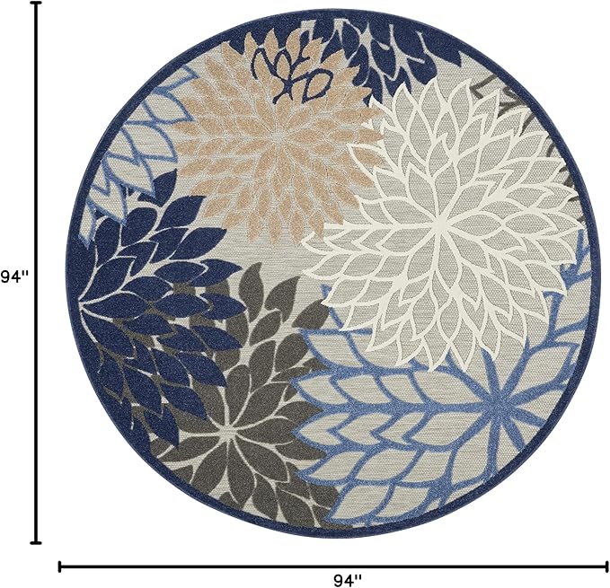 Nourison Home Aloha Indoor/Outdoor Blue/Multicolor 7'10" x Round Area Rug, Tropical, Botanical, Easy Cleaning, Non Shedding, Bed Room, Living Room, Dining Room, Deck, Backyard, Patio (8 Round)