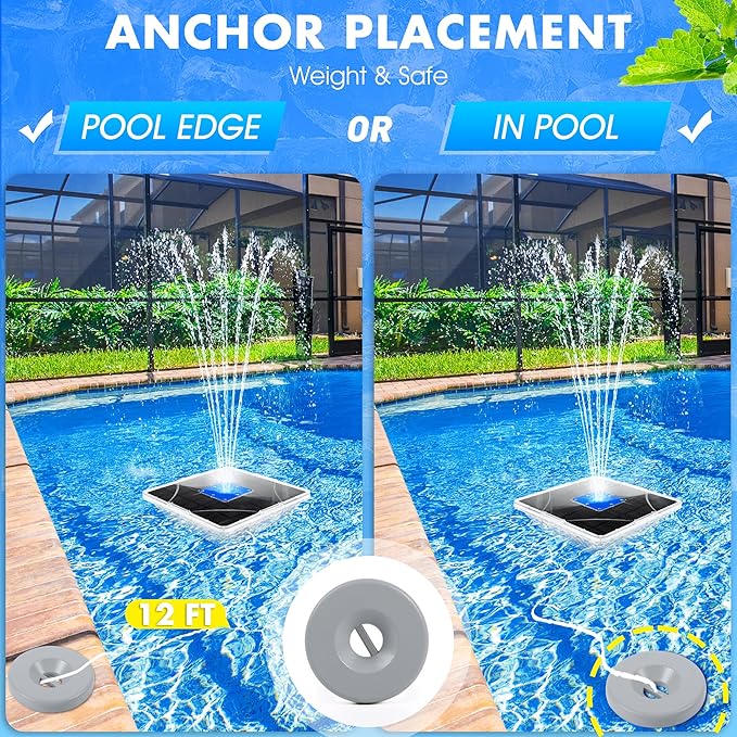 ChlorStar Upgraded Solar Fountain with Light Show,Large Solar Pool Fountain with Anchor,Square Floating Pool Fountains for Inground Above Ground Pool,Solar Water Fountains Pump for Pool-Dark Blue,1PC