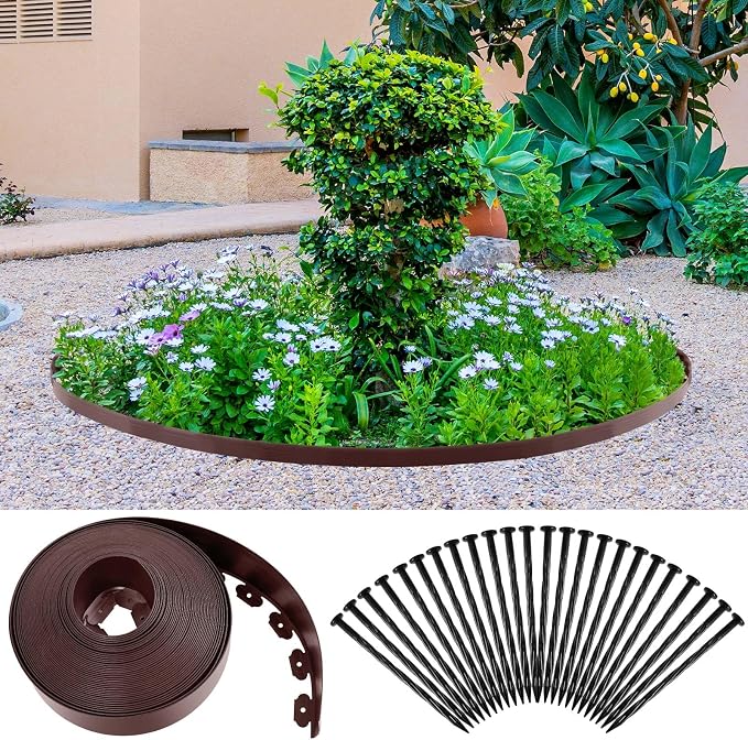 5'' x 100' Landscape Edging Kit Plastic Garden Edging Border Coil Include 90 Anchoring Spikes for Lawn Garden Grass Yard Home School,Brown