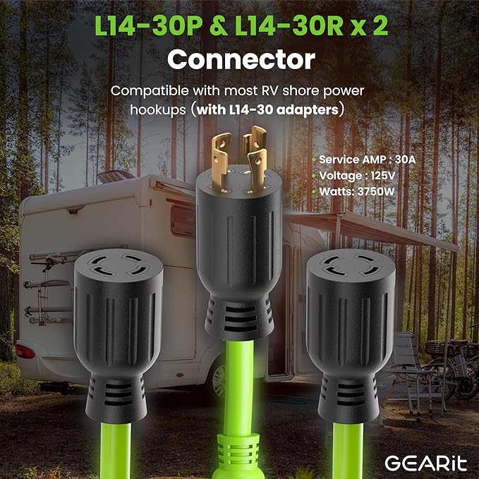 GEARit 30-Amp Generator Splitter Y Adapter Cord - NEMA L14-30P to (2) L14-30R, 4-Prong 120/250-Volt 7500W, 10 Gauge SJTW Locking Power Cord for Manual Transfer Switch, Portable Generators, Outages 3ft