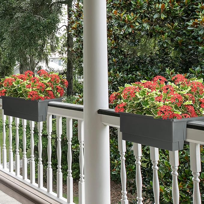 Railing Planter Box 2-Pack - 20.75-Inch Flower Boxes with Removable Drainage Inserts - 6-Gallon Outdoor Planters for Porch, Deck, or Balcony Decor, Fits Rail 3” - 4” by Pure Garden (Gray)