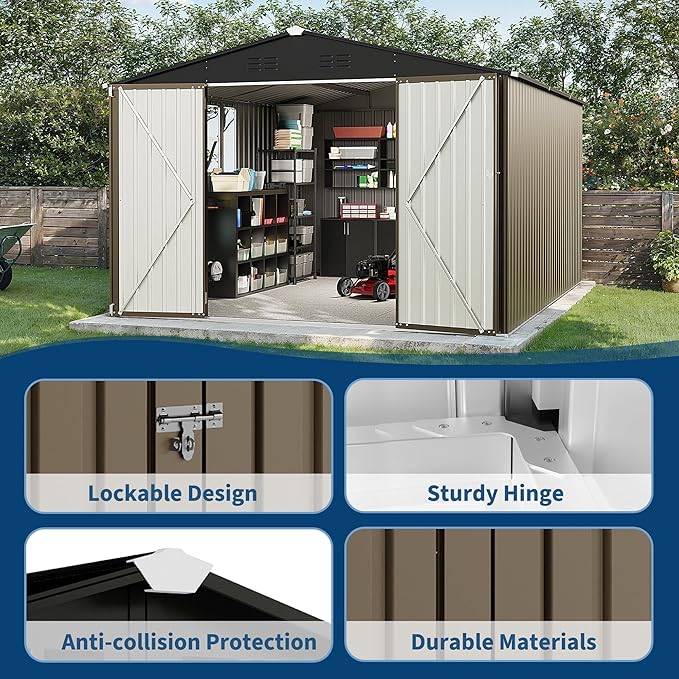 Garvee 10X12 FT Storage Shed with Cross Windows & Lockable Door，Large Outdoor Metal Shed，Peaked Roof Garden Shed for Lawn Mower, Bike, Tools - All Weather Secure Storage