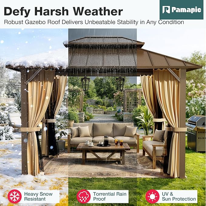 PAMAPIC 10x12FT Hardtop Gazebo,Galvanized Steel Double Roof Gazebo,Outdoor Permanent Pavilion with Breathable Netting & Privacy Curtain for Patio,Backyard,Deck,Lawn,Brown
