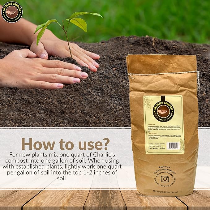 Charlie's Vegan Compost - Concentrated Organic Gardening Vegan Cruelty Free Plant Soil Amendment Dirt Booster - Indoor or Outdoor Garden Farming, Increase Yield in Vegetables, Plants - 10 Lb
