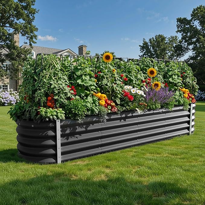 YITAHOME 8x2x1.5ft Raised Garden Bed Kit, 17" Tall 9 in 1 Large Galvanized Metal Planter Box with Gloves & Safety Rubber, Outdoor Flower Bed for Plants Vegetables Flowers, Black