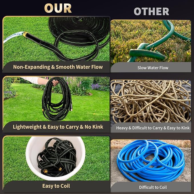 Garden Hose 25 ft Water Hose Flexible Heavy Duty Outdoor Lightweight No Kink Long Non-Expandable High Pressure Flat Hoses Pipe 100’ Strong 3/4’’ Brass Fitting for Outside Yard Lawn Car Wash