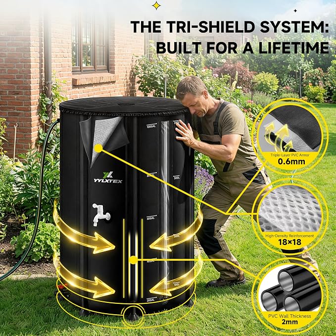 100 Gallon/380L Collapsible RainWater Collection Barrel,Water Tank&Reinforced with 2mm Frame Portable Rain Catcher,Includes Quick-Connect Tap&Sprinkler,Heavy Duty 0.6mm PVC for Long-Lasting Use,Black