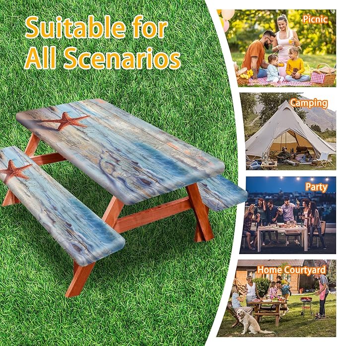 Park Picnic Table Cover with Bench Covers Lightweight Camping Essentials, Oil-Proof Waterproof 3PCS Tablecloth with Elastic, Fitted for Table 6FT Rectangle and Seats, Board Beach (72x30in)