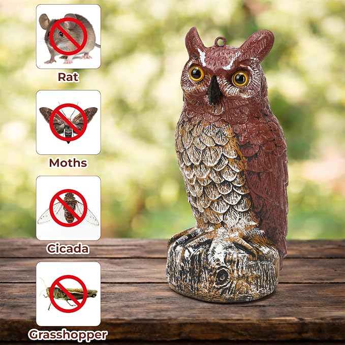 Owl Deterrent 11 Inch – Plastic Fake Decorative Bird Scarecrow Protection, Nature’s Enemy Pest Repellent to Scare Birds Away, Outdoor Garden Yard Protector Statue, Realistic Eyes, Home Halloween Decor