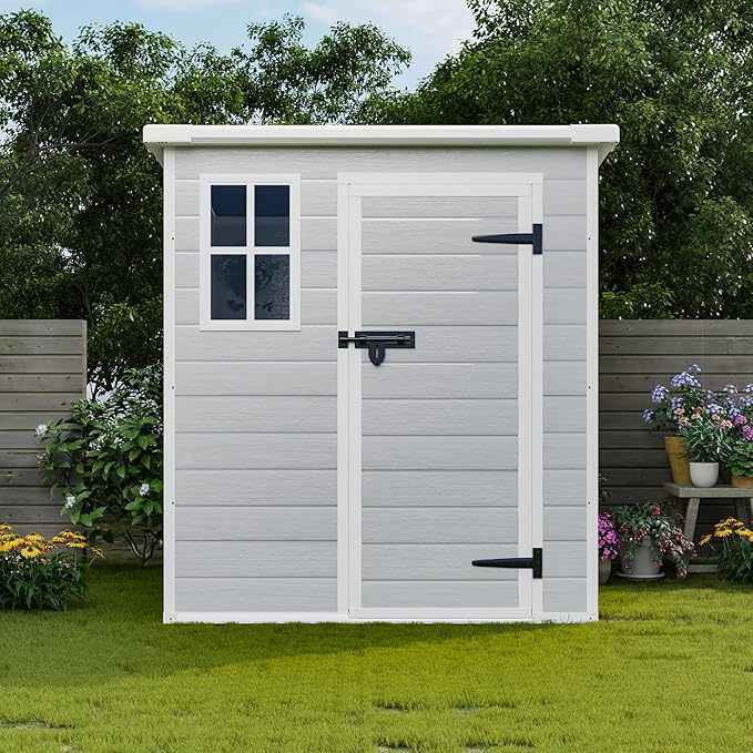 YOPTO 6x6 FT Storage Shed Garden House with Lockable Doors and Vents Waterproof Resin Outdoor Tool Cabinet W/Floor & Window,for Bicycles,Lawnmowers,Lawn,All Weather Use,Gray