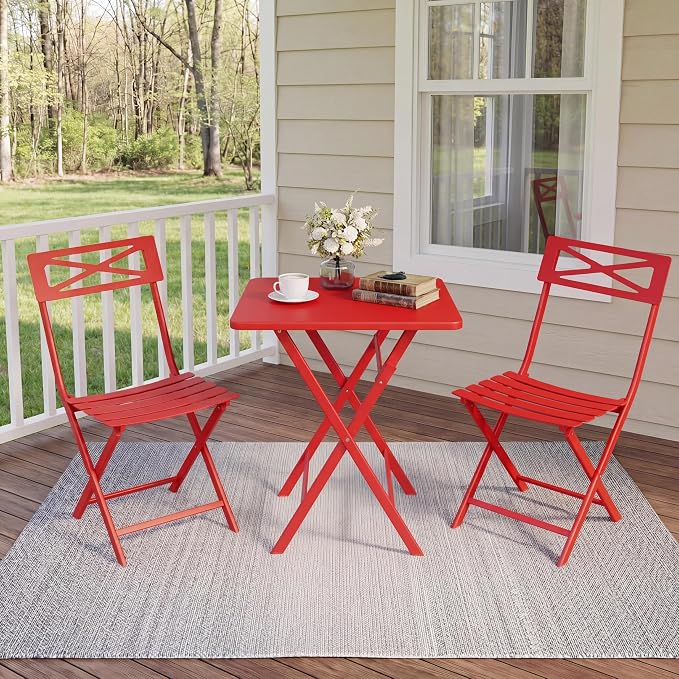 GarveeTech 3-Piece Folding Bistro Set, Heavy Duty Outdoor Patio Furniture with 2 Chairs & 1 Table, Weather-Resistant Steel Frame, No Assembly Required for Garden, Yard, Balcony,Red