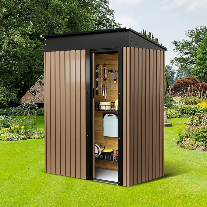 CuisinSmart Large Metal Storage Shed, 5 x 3 FT Outdoor Storage Shed, Metal Garden Tool Shed with Roof, Door & Lock, Waterproof and Anti-UV, for Patio Garden Yard, Brown