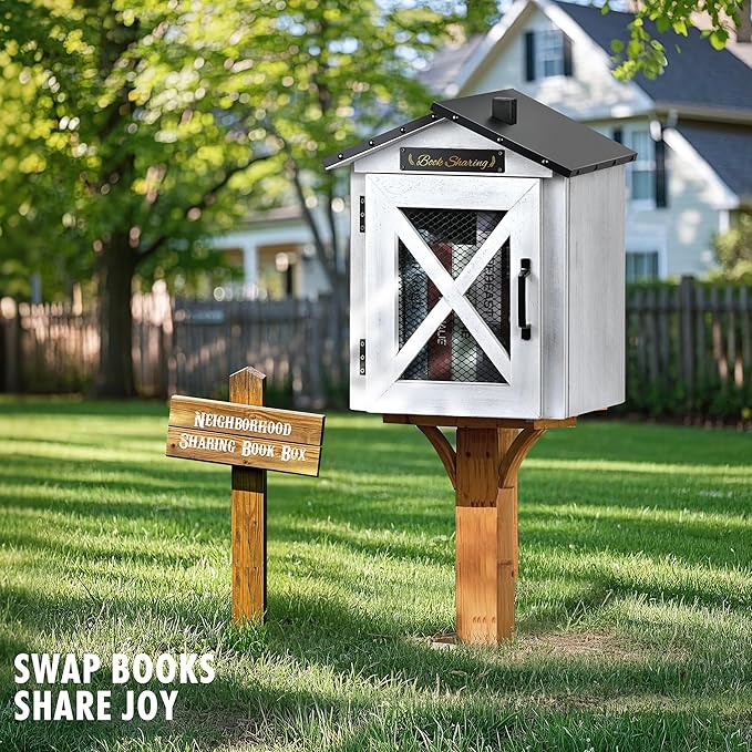 Outdoor Book Sharing Box, Waterproof Tin Roof Wooden Book Exchange Cabinet for Communities, Neighborhoods, and Schools, DIY Literature Storage for Books, Magazines, and Art (White Farmhouse)