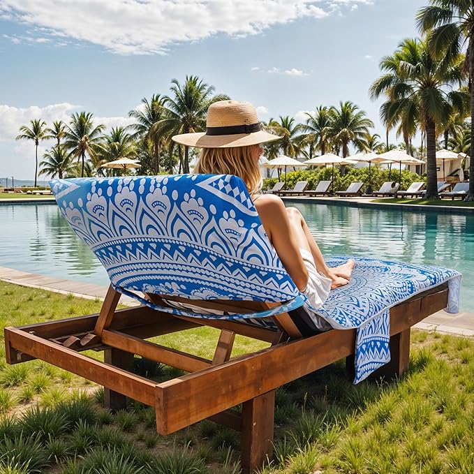 Lounge Chair Towel Covers, 2 Pack Outdoor Chaise Lounge Slipcover, 83" X 29" Bohemia Style Microfiber Beach Chair Cover, Soft Absorbent Chaise Cover with Pockets for Pool Garden Patio