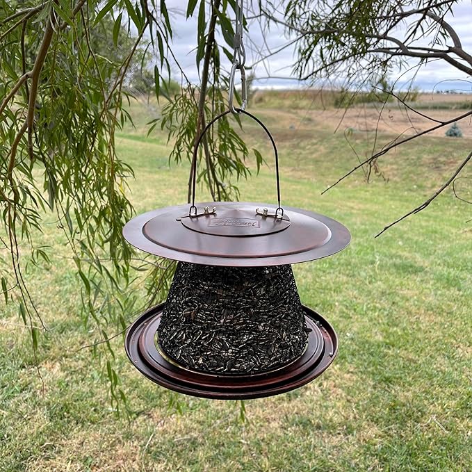 Copper Collapsible Mesh Feeder with Tray - Hanging Bird Feeder - Holds 12 Cups of Sunflower Seeds