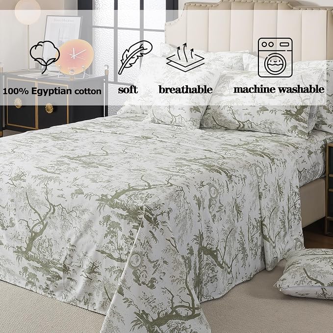 FADFAY Toile Sheets Set Cal King Sage Green Toile de Jouy Bedding Pastoral French Country Bedding 100% Egyptian Cotton Farmhouse Sheets Breathable Soft 4Pcs Deep Pocket Sheet Set for All Seasons