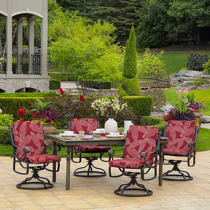 Arden 4-Pack Outdoor Patio Dining Chair Cushion, 20x44, Rain-Proof Seat Pad, Fade-Resistant Outdoor Cushion Red Leaf Palm