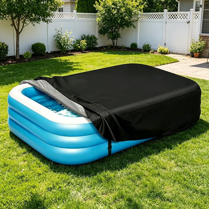 Rectangular Pool Cover for Inflatable Pool, Upgrade Design 420D Heavy-Duty Waterproof Oxford Pool Cover for Above Ground Rectangular Inflatable Swimming Pool with Windproof Buckle (90x60x18IN)
