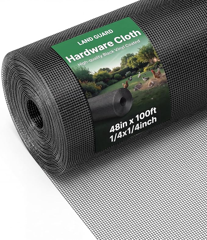 Land Guard 48 inch×100 ft Black Vinyl Coated Hardware Cloth, 1/4 inch Black PVC Hardware Cloth, Black Welded Wire Fence Supports Poultry Netting Cage Fence