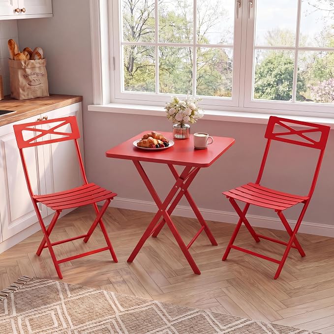 GarveeTech 3-Piece Folding Bistro Set, Heavy Duty Outdoor Patio Furniture with 2 Chairs & 1 Table, Weather-Resistant Steel Frame, No Assembly Required for Garden, Yard, Balcony,Red