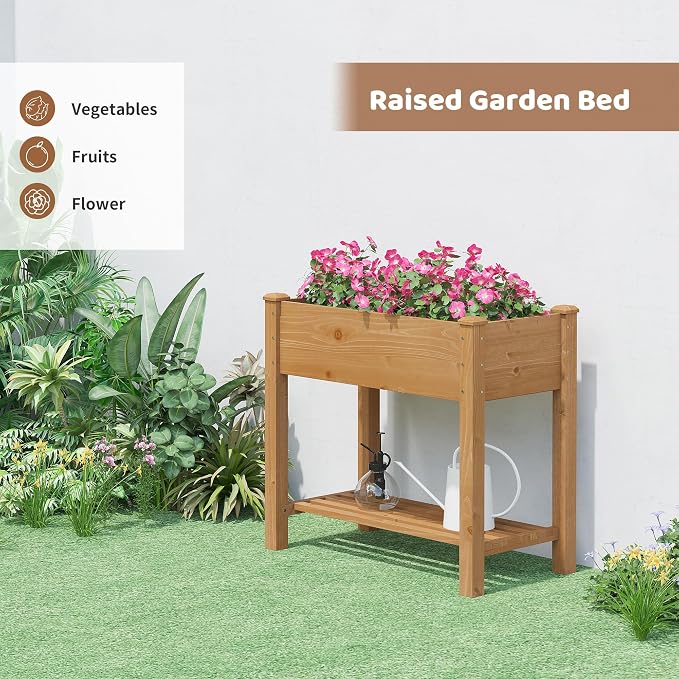 Raised Garden Bed with Legs Elevated Wooden Planter Box Stand Large Planter Stand Box for Fruits Vegetables Flowers with Divider with Bag - 34x18x30.5IN（Brown）