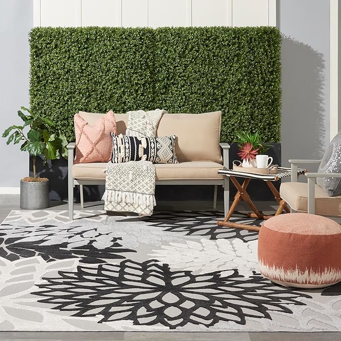 Nourison Home Aloha Indoor/Outdoor Black White 12' x 15' Area Rug, Tropical, Botanical, Easy Cleaning, Non Shedding, Bed Room, Living Room, Dining Room, Deck, Backyard, Patio (12x15)