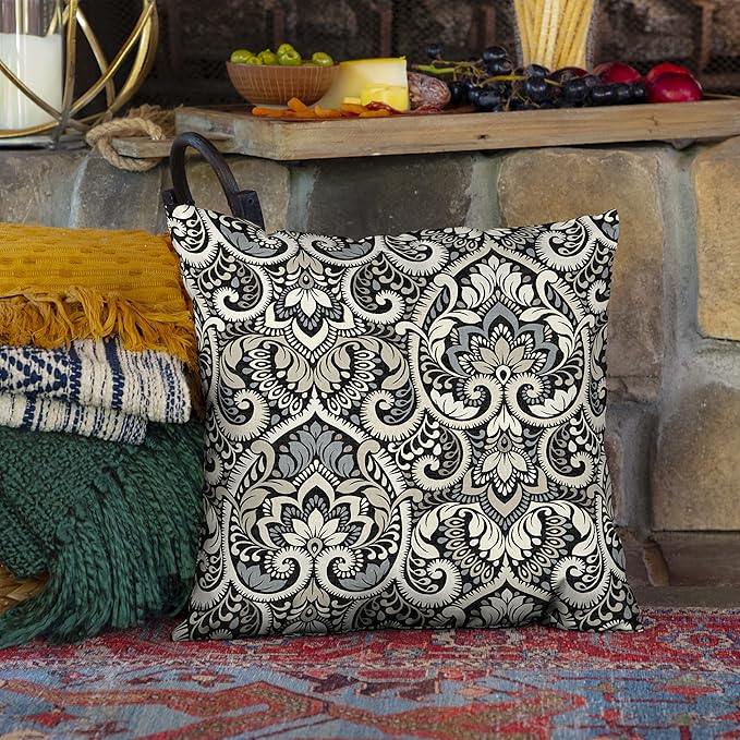 Arden Outdoor Toss Pillow, 16 x 16, Rain-Proof, Fade Resistant Black Aurora Damask