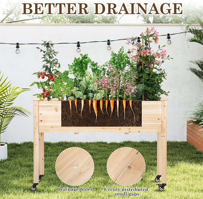 Raised Garden Bed with Lockable Wheels, 48x24x32 inch Elevated Wood Planter with Protective Liner for Vegetable Flower Herb Outdoor Balcony Patio Backyard, Natural