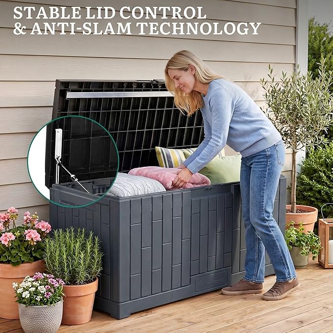 YITAHOME 120 Gallon Large Deck Box, 53"L x 22.7"W x 25.5"H Resin Outdoor Storage Box with Slide-Locking Black Lid for Patio Cushions, Garden Tools, Pool Supplies, Easy Assembly, Waterproof, Dark Gray