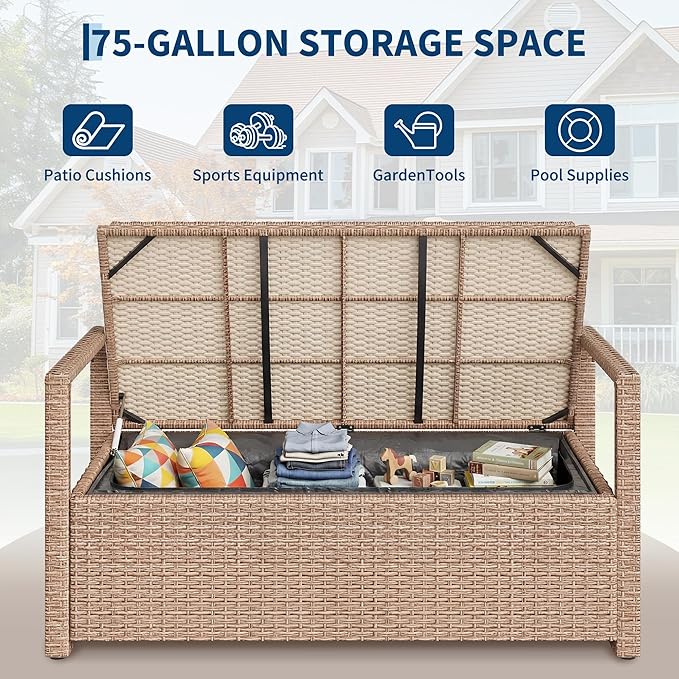 Outdoor Storage Bench with Cushion, 2-Seater PE Rattan Storage Box with Backrest & Armrests, 75 Gallon, 400 lbs Capacity Weatherproof Patio Bench for Garden, Balcony, Porch, Pool, Yard, Brown