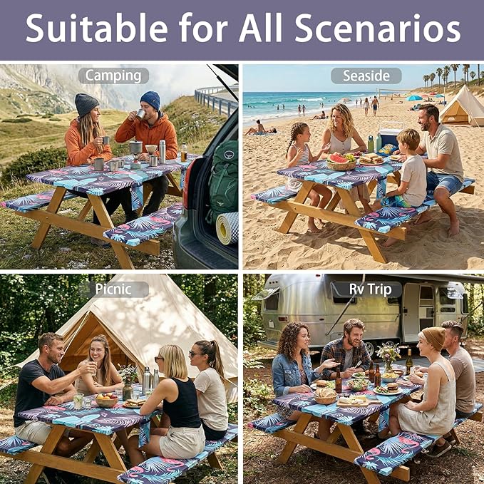 Fitted Waterproof Picnic Table Cover with Bench Covers Heavy Duty Elastic Outdoor Camping Tablecloth for 6 Foot Rectangle Tables Summer Rv Accessories Patio Garden Road Trip Essentials Gifts