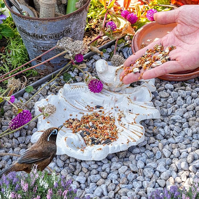 Sungmor Cast Iron Bird Feeder Dish, Rustic White Small Bird Feeding Tray, Decorative Leaf-Shaped Outdoor Bath Bowl Food Container for Garden, Patio or Yard