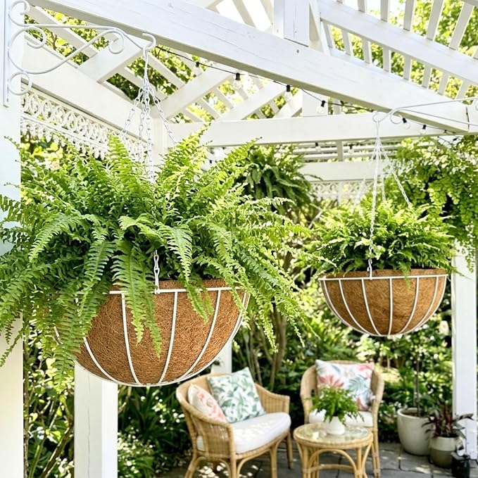 LaLaGreen Hanging Planter for Outdoor Plants (18 Inch, 4 Pack) Large White Hanging Planter with Coco Liner, Wire Flower Basket Pots with Hook Hanger Balcony Porch Farmhouse Country Style Garden Decor