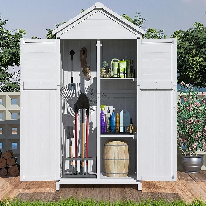 Christopher Knight Home Neapo 67" Outdoor Storage Shed, Spacious Storage Garden Tools Shed, Fire Wood Tall Sheds, Two Open Doors, Wooden Panel Design, Easy Organize Lawn Mowers, Shovels, Pots, White
