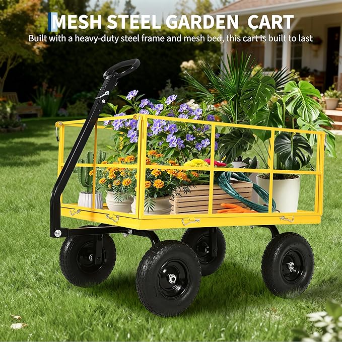 Heavy Duty 1500 Lbs Steel Garden Cart – 3-in-1 Utility Wagon & Trailer with Removable Mesh Sides, 13" All-Terrain Tires, 180° Rotating Handle for Lawn, Yard, Gardening Tasks, Outdoor Hauling