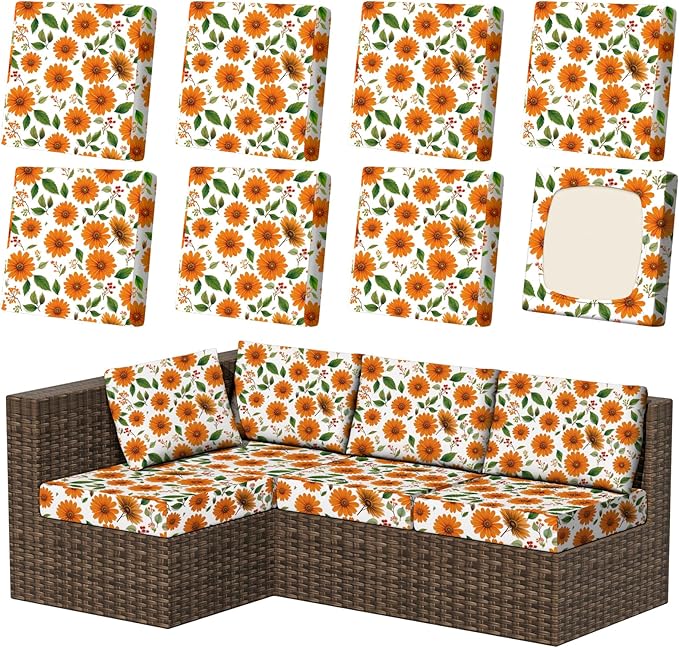 8Pcs Patio Stretch Cushion Covers, Outdoor Couch & Sofa Replacement Slipcovers for Patio Furniture Cushion Covers, Washable Reusable Furniture Protector, Square Large, Sunflower