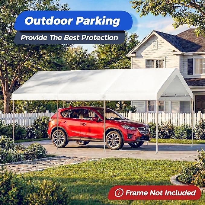 10x20 FT Carport Canopy Replacement Cover, Heavy Duty Car Garage Top Tent Shelter Tarp, Waterproof & UV Protected, Easy Installation with Ball Bungees, White (Frame Not Included)