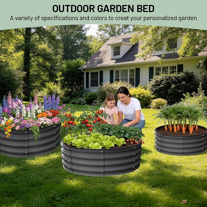 Garvee Galvanized Raised Garden Bed, 2Pcs Raised Garden Beds Outdoor, Round Planter Raised Beds with Gloves and Rubber Edge Trim for Vegetables, Flowers and Herbs, 3x3x1 FT, Dark Grey