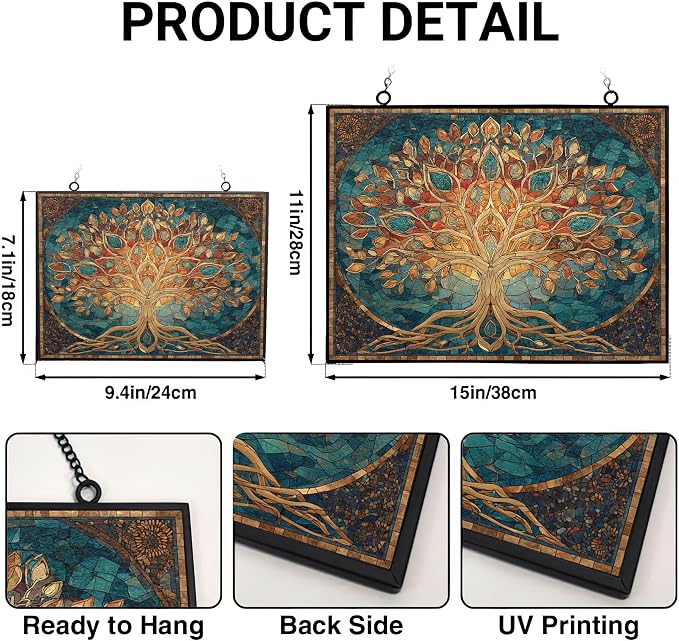 Rectangle Mosaic Sacred Geometry Tree of Life Stained Glass Suncatcher Window Hangings, Suncatchers Colorful Glass Panel Sun Catchers Gifts, Decoration for Home Garden Decor
