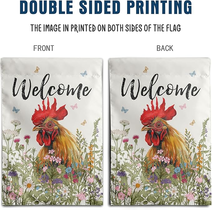 Floral Chicken Garden Flag Spring Summer House Flags 28x40 Double Sided Farmhouse Rooster Yard Flags for Outside Large Outdoor Welcome Flags Farm Chicken Coop Decor