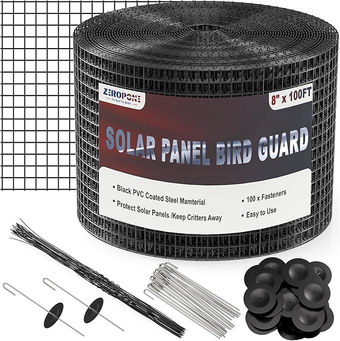ZeroPone 8inch x 100ft Solar Panel Bird Guard, Critter Guard for Solar Panels with 100 Pcs Stainless Steel Fasteners, Removable PVC Coated Pigeon Netting Wire for Squirrel, Bird, Critters Proofing