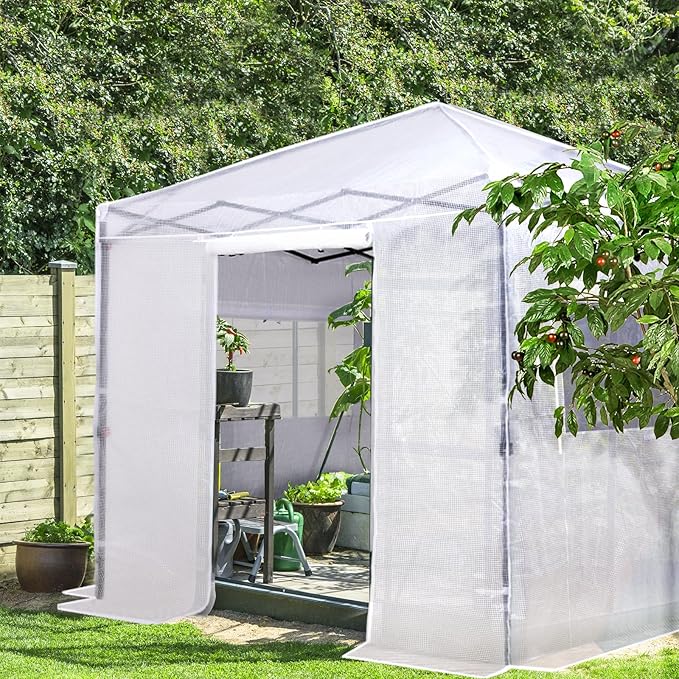 EAGLE PEAK 8x8 Portable Walk in Greenhouse, Pop Up Indoor Outdoor Greenhouse, Green House Kit with Zippered Roll-Up Doors and Windows, PE Cover, Clear/White