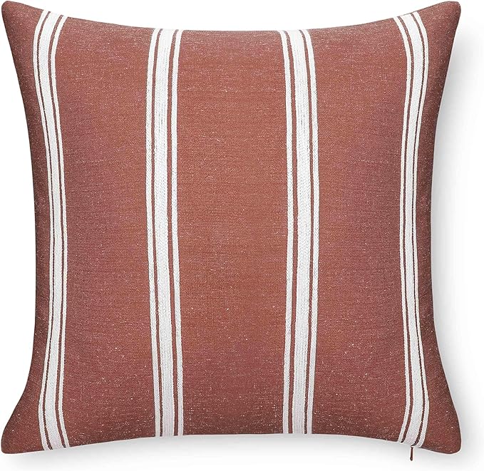 Crumbs Home Modern Farmhouse California Casual Indoor Outdoor Throw Pillow Cover, 20"x20" Water Repellent for Patio, Backyard, Couch, Poolside, Rust Orange White Embroidered Stripes