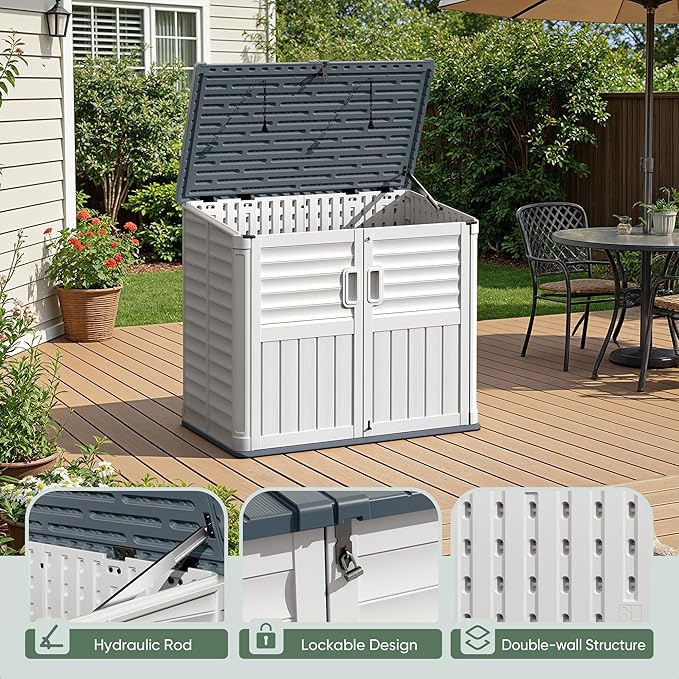 Devoko Resin Outdoor Storage Shed, 34 Cu Ft Outdoor Storage Cabinet Without Shelf, Waterproof, Double Locks, Resin Storage for Trash Can, Garden Tools, Pool Supplies (Beige)