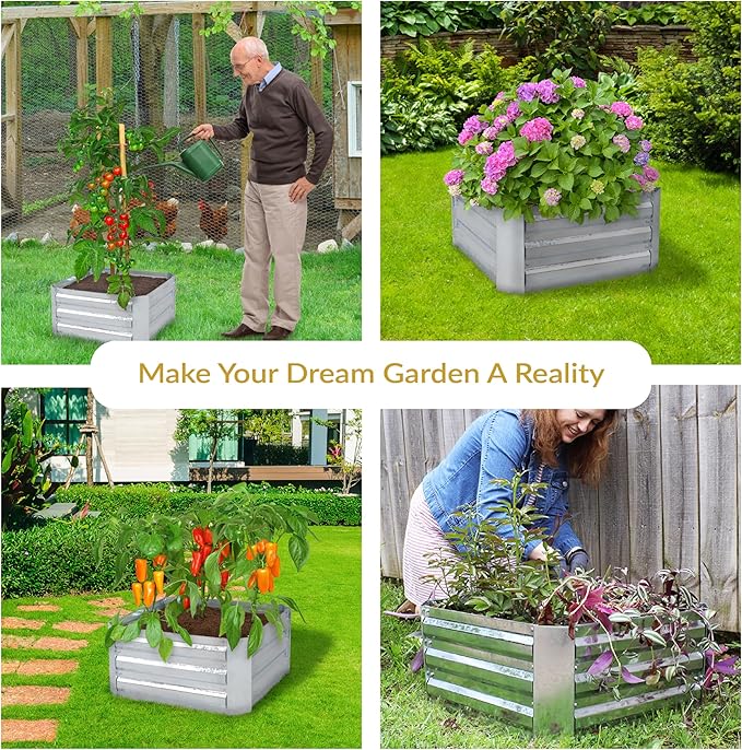 Sunnydaze Galvanized Raised Garden Bed Kit - 2x2x1 ft Outdoor Raised Garden Bed - Metal Planter Box for Vegetables, Flowers, Herbs - Silver - Square