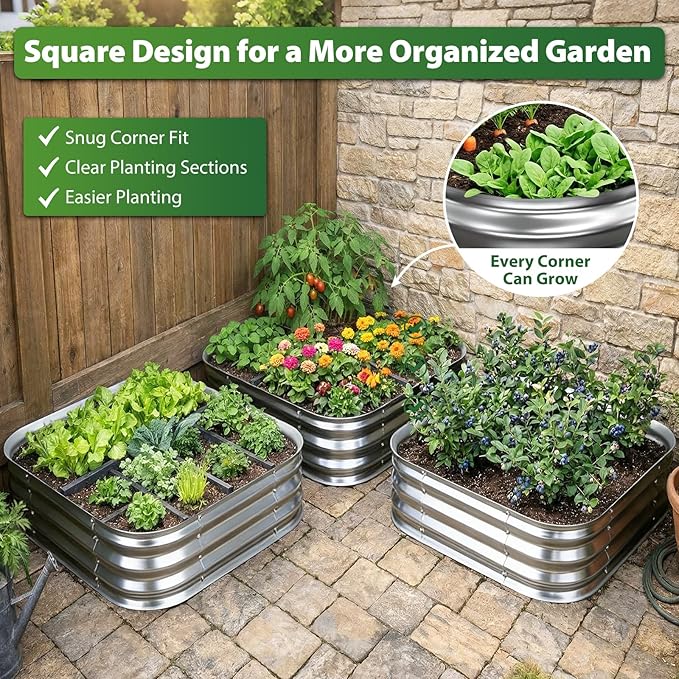 Galvanized Raised Garden Bed 3x3 ft, Heavy Duty Metal Planter Box for Vegetables, Flowers & Herbs, 12" Raised Outdoor Modular Gardening Bed, Above Ground Growing Container, Easy Assembly, Silver