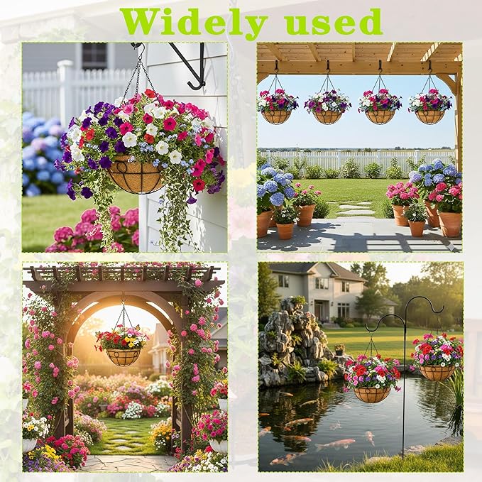 4 Pack 16" Round Metal Hanging Basket for Outdoor Plants Durable Large Hanging Planter with Coco Coir Round Plant Holders Planter for Outside Garden Decoration (Circular)
