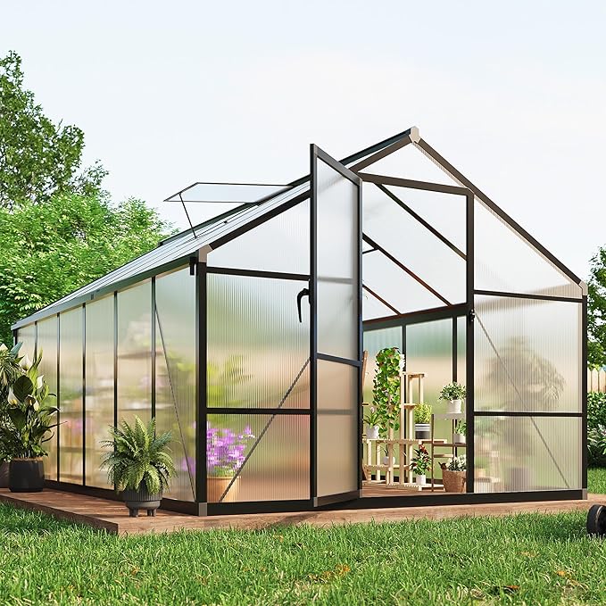 8x12 FT Greenhouse for Outdoors, Polycarbonate Greenhouse with Roof Vent, Ground Nails, Lockable Push Door, Aluminum Large Walk-in Green House for Outside Garden Backyard, Patio, Lawn, Black